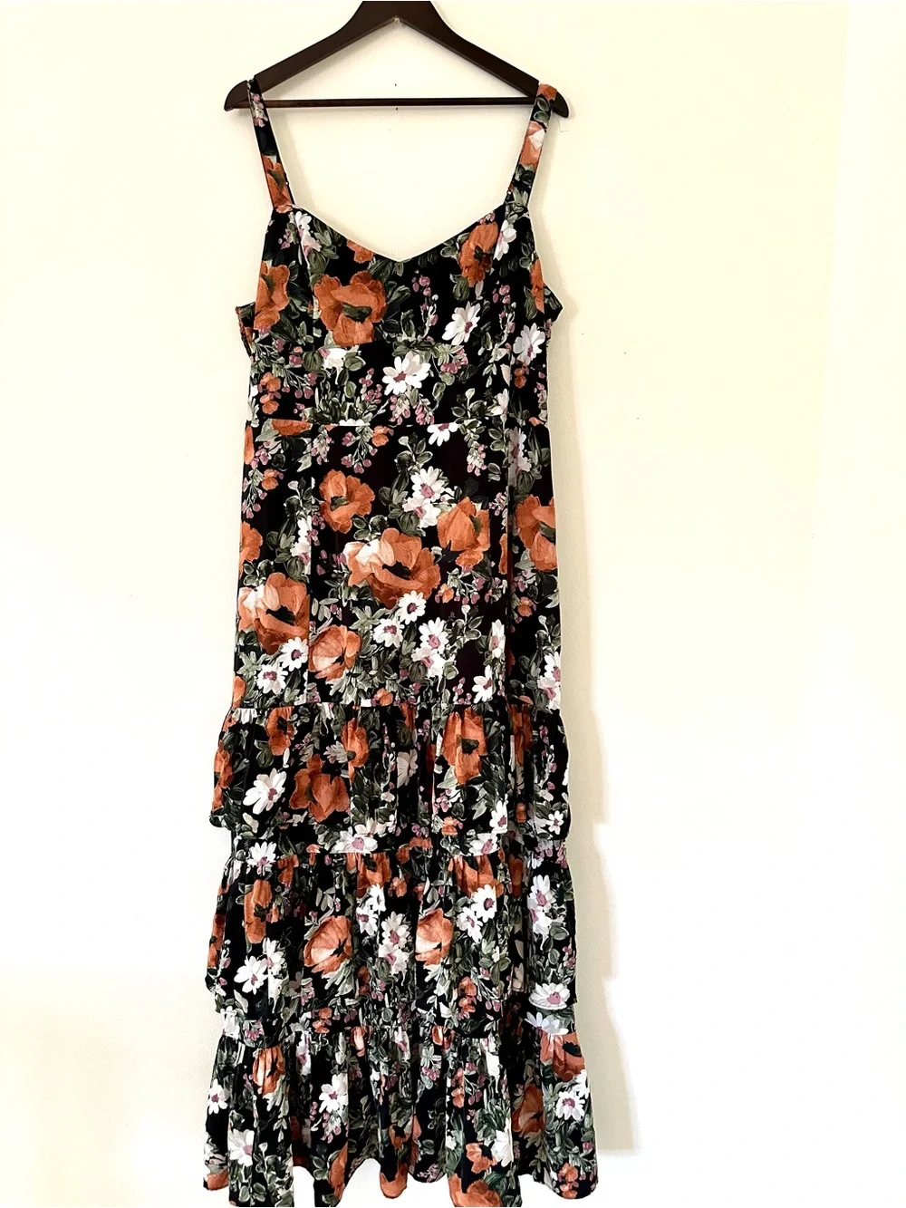 Abercrombie & Fitch Ruffle Tiered Maxi Dress Black Floral with Orange & Green